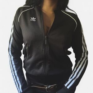 Adidas Women's Black Varsity Jacket with White Stripes